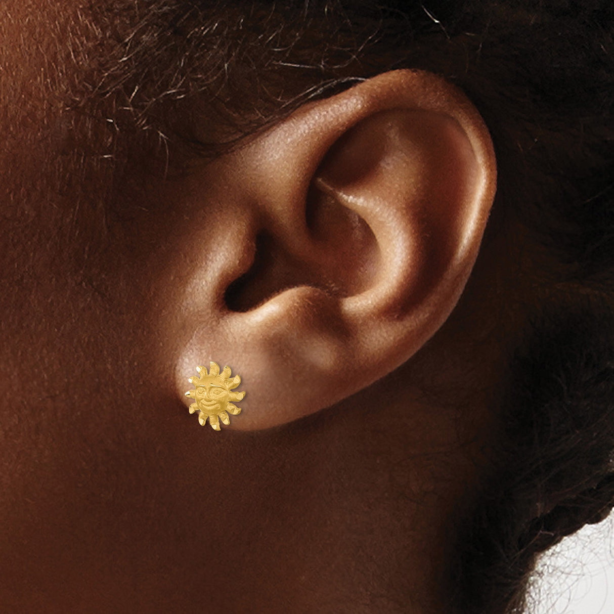 14k Yellow Gold Sun Face Stud Earrings, Celestial Motif, Boho Festival Style