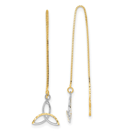 14k Yellow Gold Celtic Trinity Knot Threader Earrings, Two-Tone Dangle Design