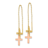 14k Two-Tone Gold Threader Earrings with Dual Cross Charms, Polished and Textured Finish