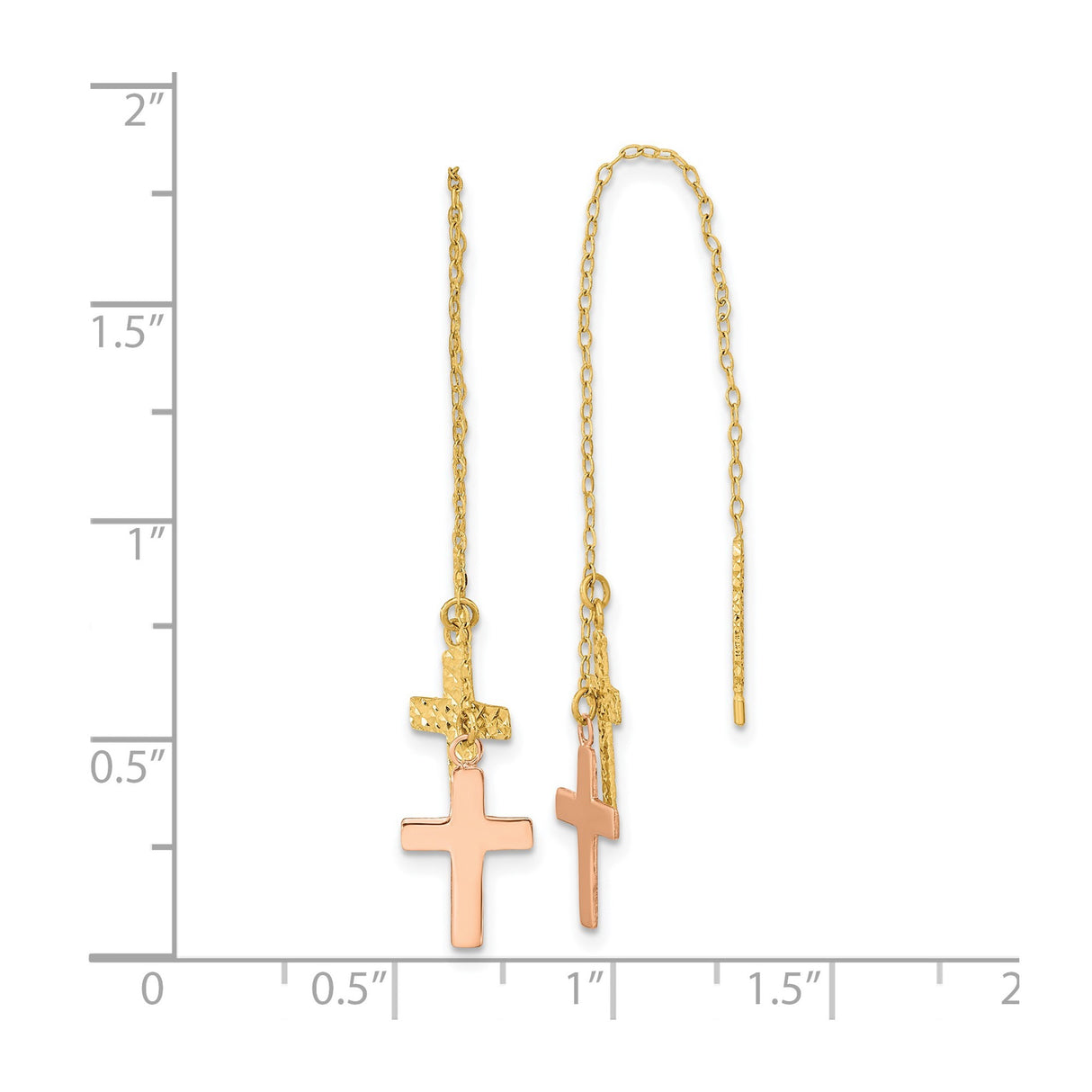 14k Two-Tone Gold Threader Earrings with Dual Cross Charms, Polished and Textured Finish