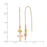 14k Two-Tone Gold Threader Earrings with Dual Cross Charms, Polished and Textured Finish