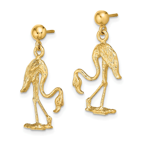 14k Yellow Gold Flamingo Dangle Earrings, Tropical Animal Theme for Women