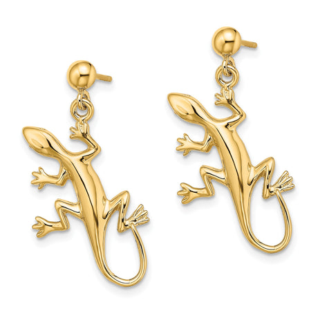 14k Yellow Gold Lizard Dangle Earrings with Detailed Gecko Motif, Wildlife Inspired Design for Women