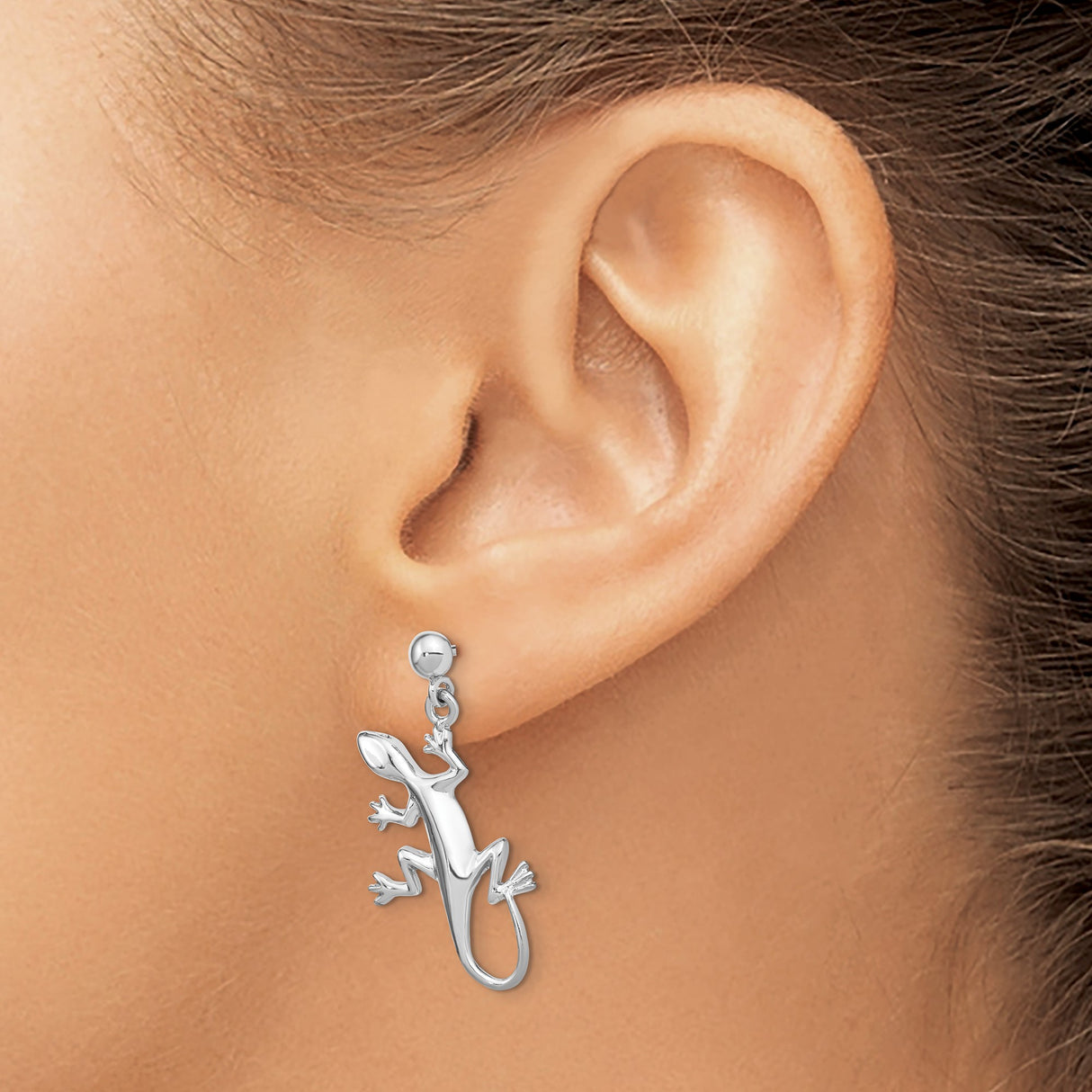 14k White Gold Gecko Lizard Dangle Stud Earrings, Nature Inspired Animal Design for Women