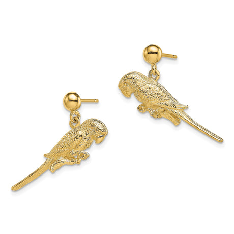 14k Yellow Gold Parrot Dangle Earrings, Bird on Branch Design, Tropical Nature Theme