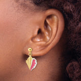 14k Yellow Gold Dangle Earrings with Pink and White Enamel Conch Shell Charms, Tropical Beach Style