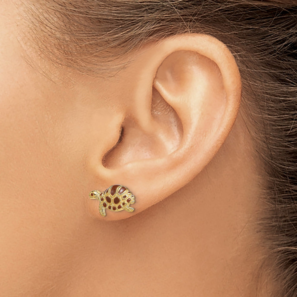 14k Yellow Gold Sea Turtle Stud Earrings with Brown Enamel Shell Design