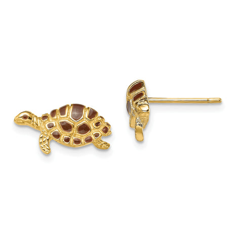 14k Yellow Gold Sea Turtle Stud Earrings with Brown Enamel Shell Design