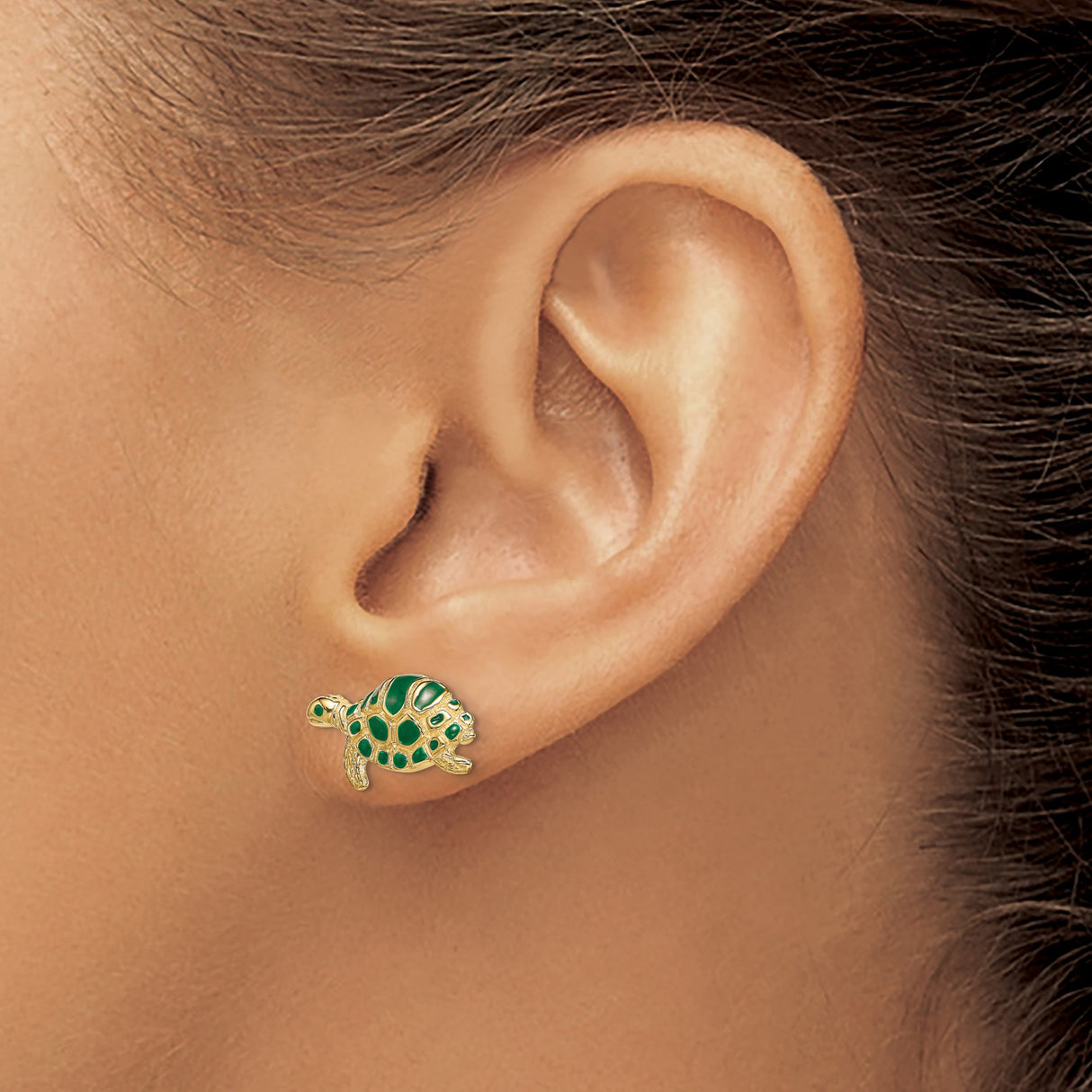 14k Yellow Gold Turtle Stud Earrings with Green Enamel, Nautical Marine Motif for Women or Girls