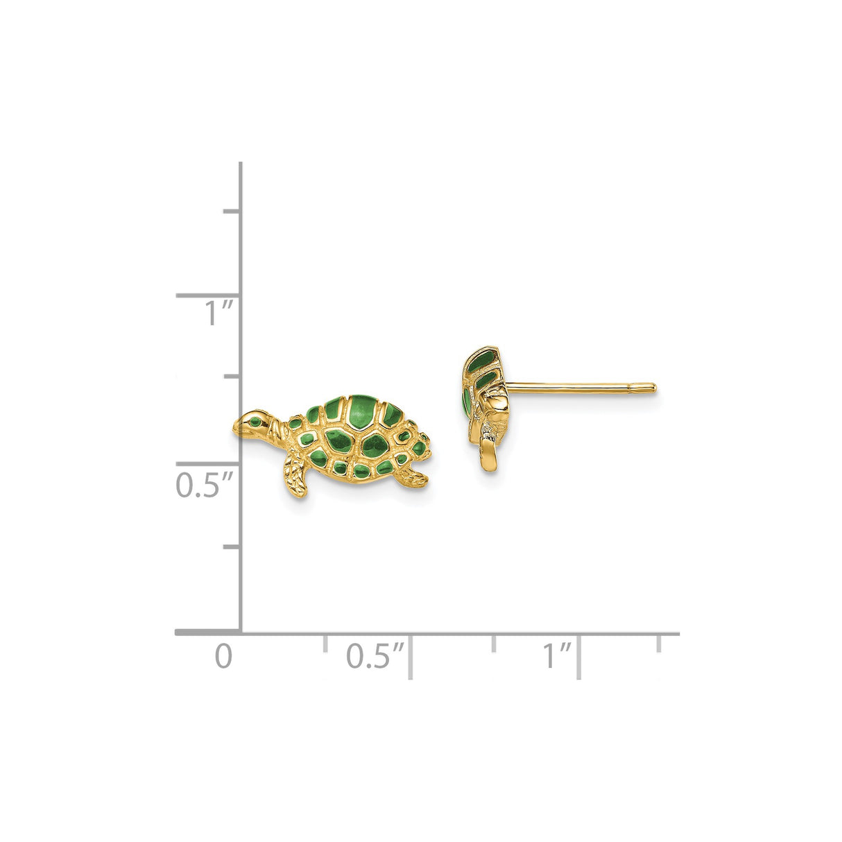 14k Yellow Gold Turtle Stud Earrings with Green Enamel, Nautical Marine Motif for Women or Girls