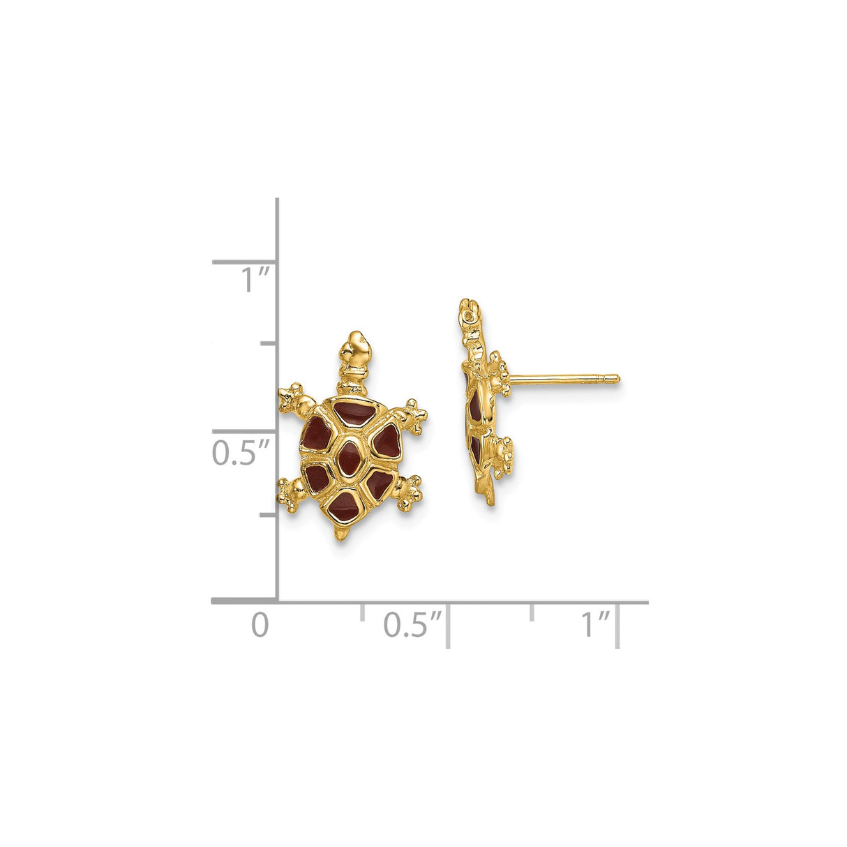 14k Yellow Gold Turtle Stud Earrings with Red Enamel, Coastal Animal Theme for Women