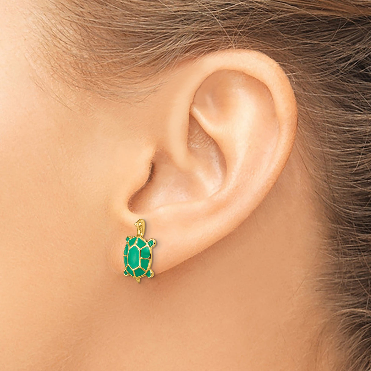 14k Yellow Gold Turtle Stud Earrings with Green Enamel, Sea Turtle Motif