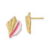 14k Yellow Gold Conch Shell Stud Earrings with Pink and White Enamel, Beach-Inspired Design