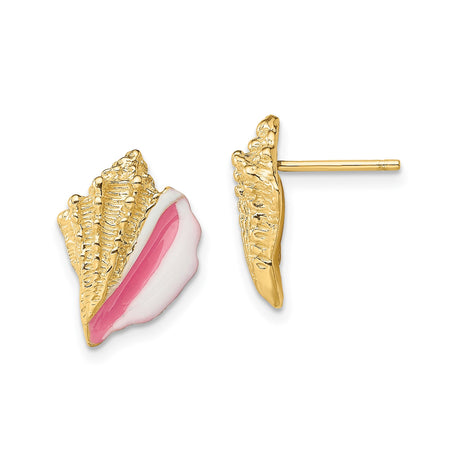 14k Yellow Gold Conch Shell Stud Earrings with Pink and White Enamel, Beach-Inspired Design