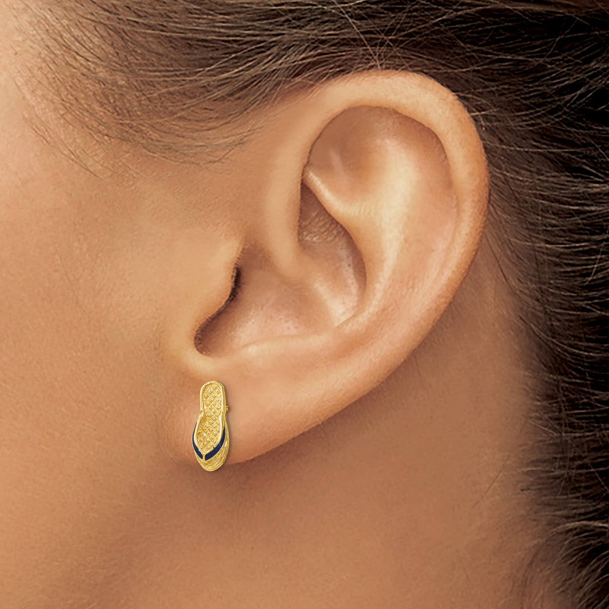 14k Yellow Gold Flip-Flop Stud Earrings with Blue Enamel, Tropical Beach Theme for Women