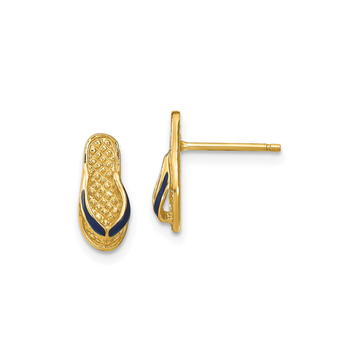 14k Yellow Gold Flip-Flop Stud Earrings with Blue Enamel, Tropical Beach Theme for Women