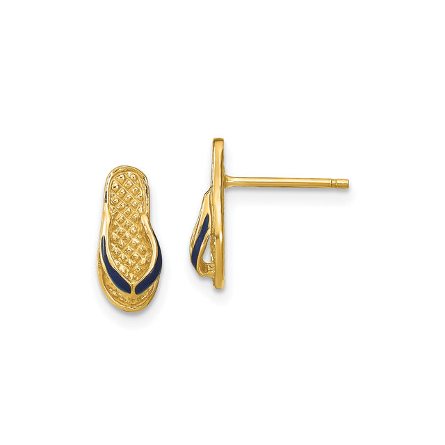 14k Yellow Gold Flip-Flop Stud Earrings with Blue Enamel, Tropical Beach Theme for Women
