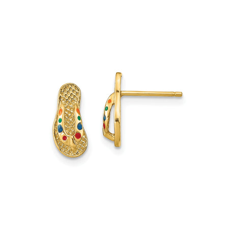 14k Yellow Gold Flip-Flop Stud Earrings with Colorful Enamel Accents, Beach Vacation Style