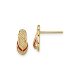 14k Yellow Gold Flip Flop Stud Earrings with Red Enamel Accents, Sandal Design