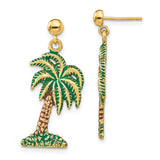 14k Yellow Gold Palm Tree Dangle Earrings with Green and Brown Enamel, Tropical Beach Style