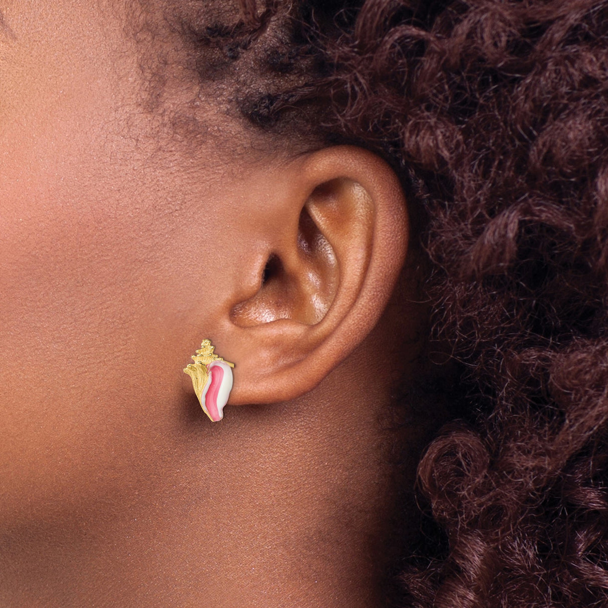 14k Yellow Gold Conch Shell Stud Earrings with Pink and White Enamel, Coastal Style