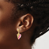 14k Yellow Gold Conch Shell Dangle Earrings with Pink and White Enamel, Nautical Beach Style