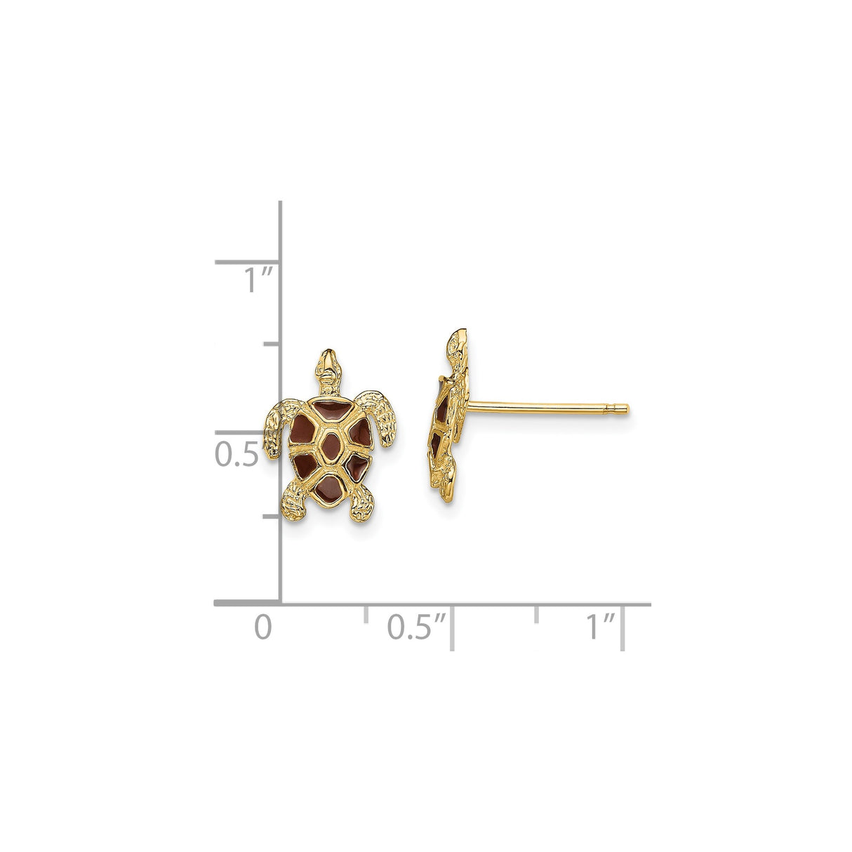 14k Yellow Gold Sea Turtle Stud Earrings with Brown Enamel Shell Detail