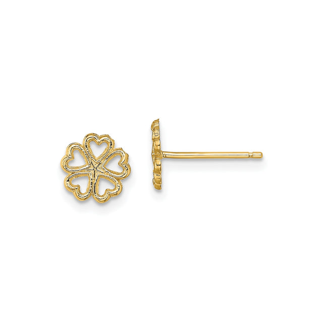 14k Yellow Gold Stud Earrings with Openwork Four-Leaf Clover and Heart-Shaped Leaves Design