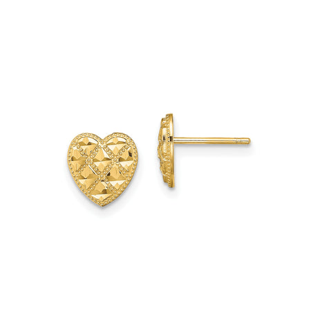 14k Yellow Gold Heart Stud Earrings with Diamond Cut Quilted Design and Beaded Edges