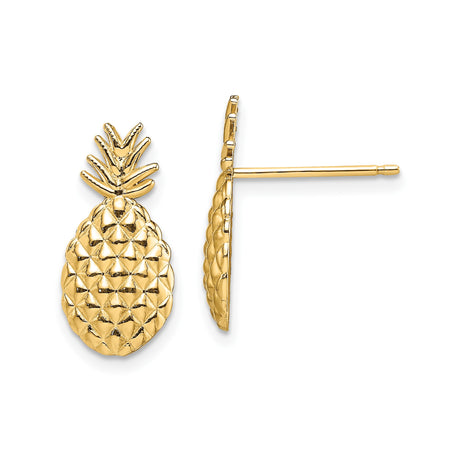 14k Yellow Gold Pineapple Stud Earrings, Textured Tropical Fruit Design for Women