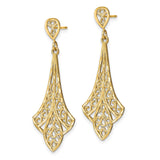 14k Yellow Gold Teardrop Dangle Earrings with Openwork Filigree, Heart and Floral Motif
