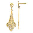 14k Yellow Gold Teardrop Dangle Earrings with Openwork Filigree, Heart and Floral Motif