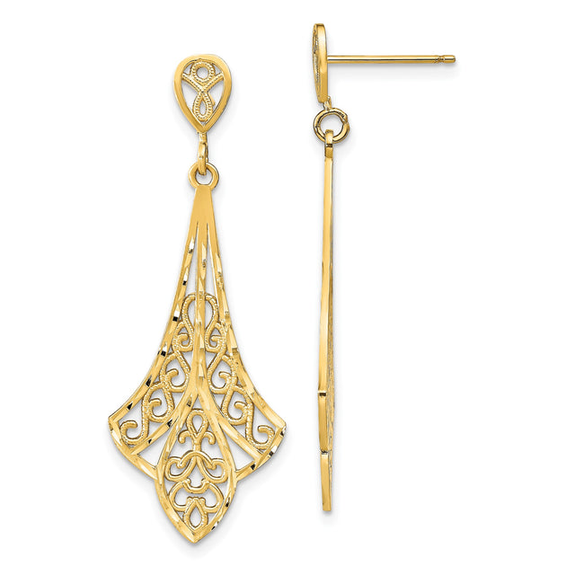 14k Yellow Gold Teardrop Dangle Earrings with Openwork Filigree, Heart and Floral Motif