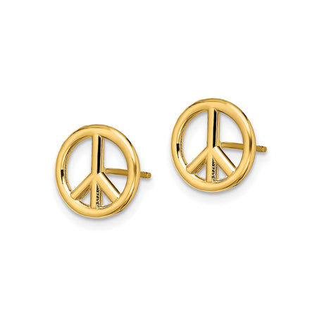 14k Yellow Gold Peace Symbol Stud Earrings, Minimalist Openwork Design for Women or Unisex