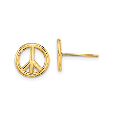 14k Yellow Gold Peace Symbol Stud Earrings, Minimalist Openwork Design for Women or Unisex
