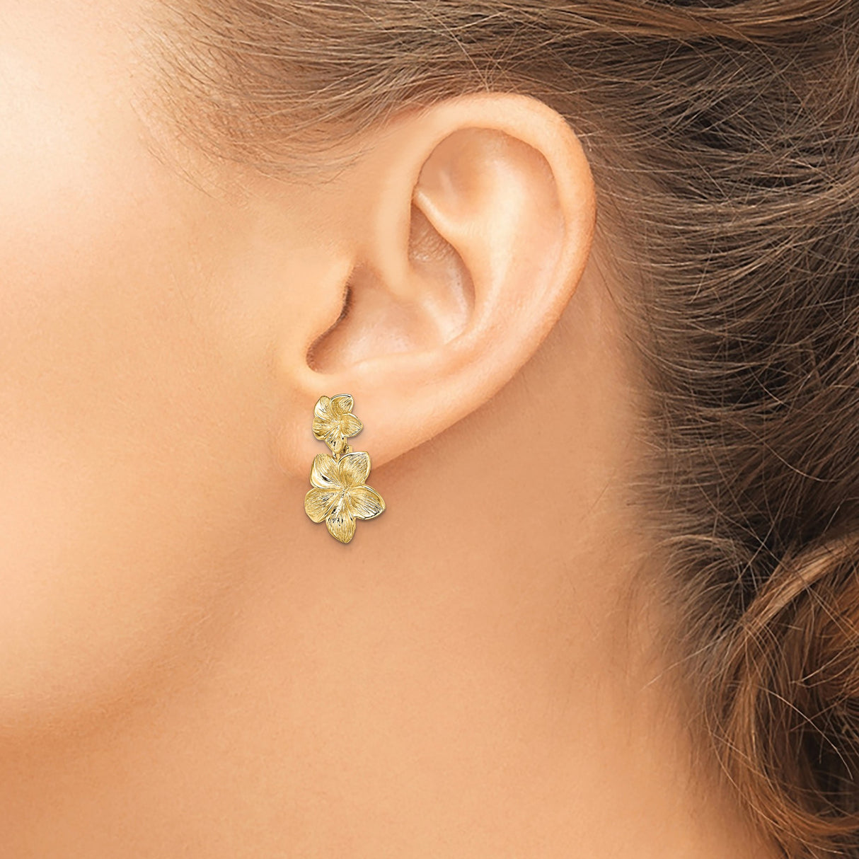 14k Yellow Gold Dangle Earrings with Double Plumeria Flower Design, Textured Finish, Botanical Style