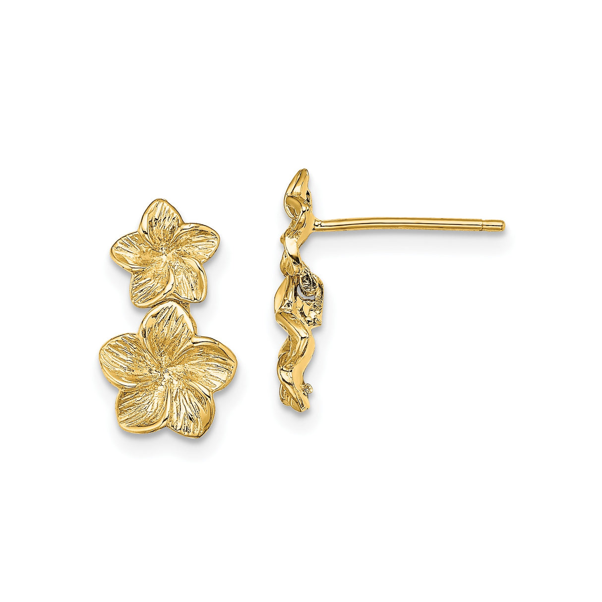 14k Yellow Gold Stud Earrings with Double Plumeria Flowers, Tropical Floral Design