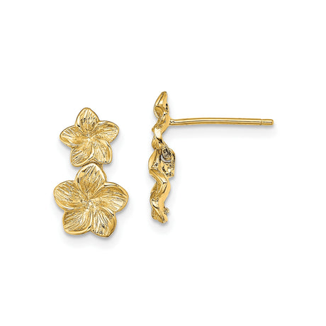 14k Yellow Gold Stud Earrings with Double Plumeria Flowers, Tropical Floral Design