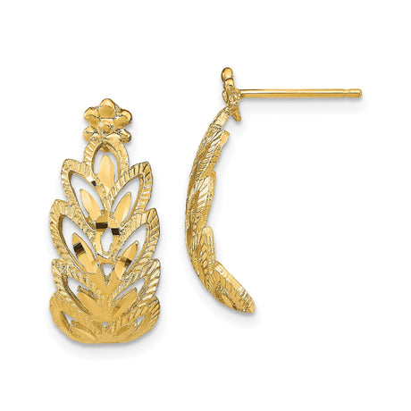 14k Yellow Gold Floral Openwork Earrings with Leaf Design, Textured Botanical Studs