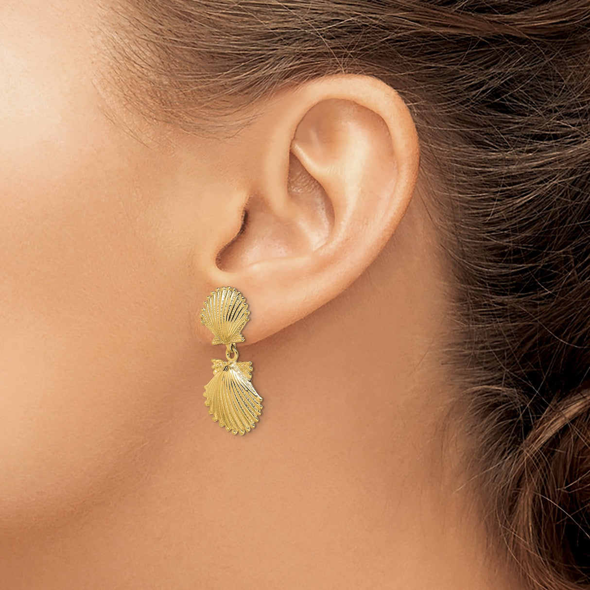 14k Yellow Gold Dangle Earrings with Double Scallop Shells, Textured Nautical Ocean Design