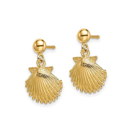 14k Yellow Gold Scallop Shell Dangle Stud Earrings, Coastal Nautical Theme for Women