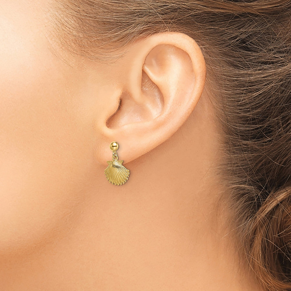 14k Yellow Gold Scallop Shell Dangle Stud Earrings, Coastal Nautical Theme for Women