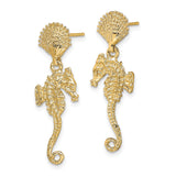 14k Yellow Gold Dangle Earrings with Seahorse Charms and Textured Seashell Studs, Nautical Theme
