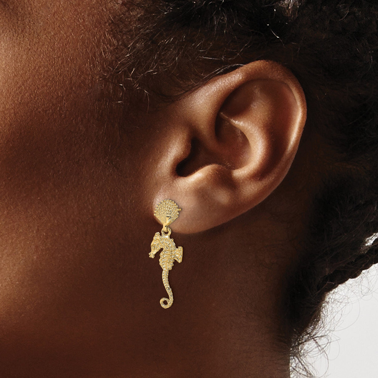 14k Yellow Gold Dangle Earrings with Seahorse Charms and Textured Seashell Studs, Nautical Theme