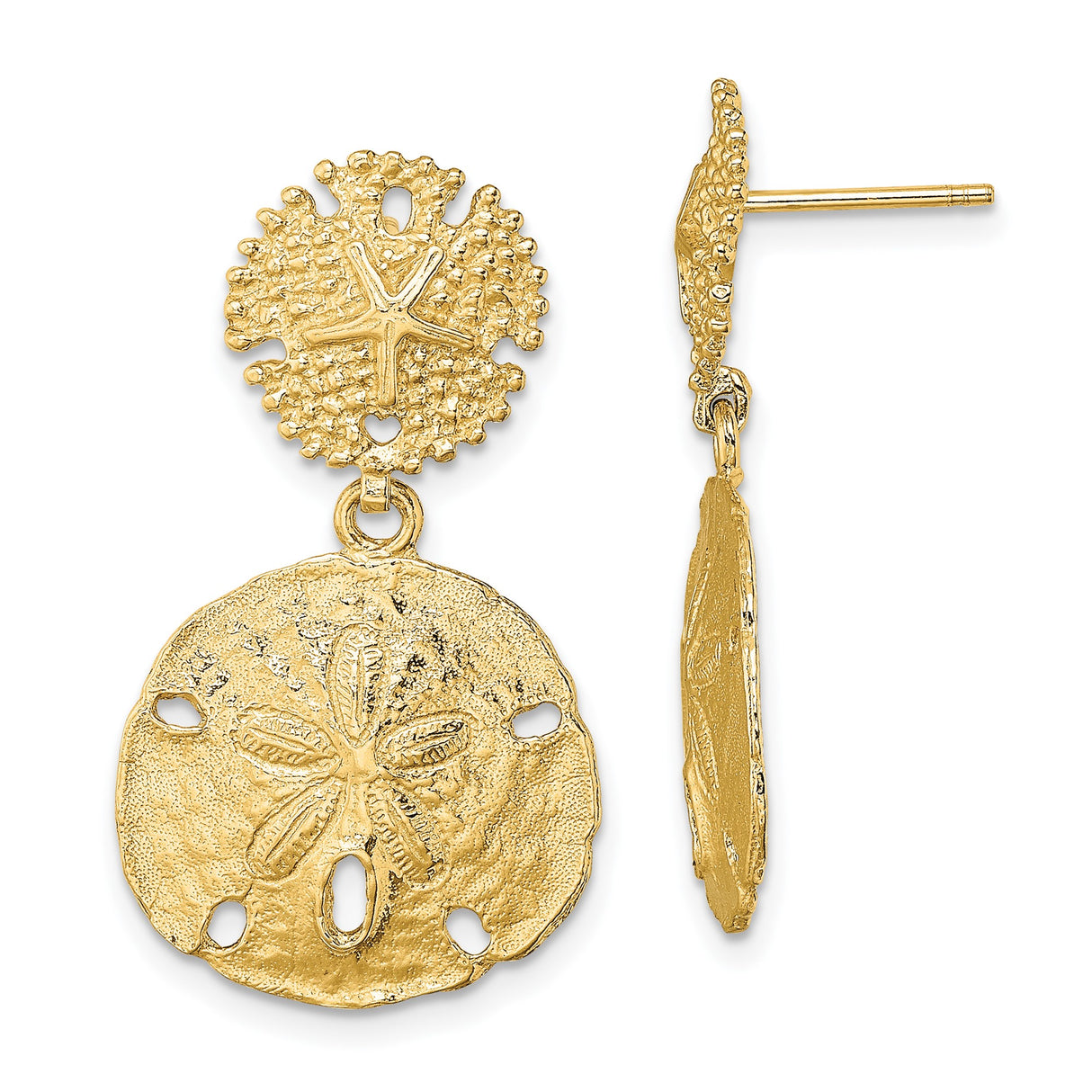 14k Yellow Gold Sand Dollar Drop Earrings, Ocean Motif Nautical Style for Women