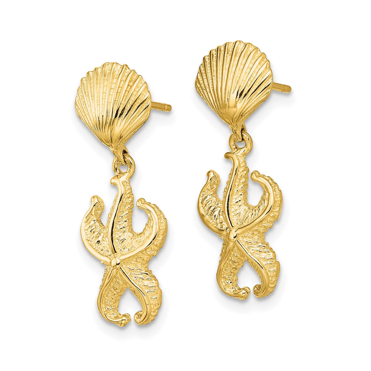 14k Yellow Gold Dangle Earrings with Textured Starfish Charm and Seashell Stud, Nautical Beach Style