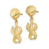 14k Yellow Gold Dangle Earrings with Textured Starfish Charm and Seashell Stud, Nautical Beach Style