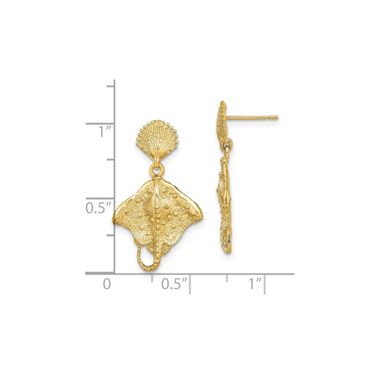 14k Yellow Gold Stingray Dangle Earrings with Textured Seashell Post, Nautical Coastal Theme