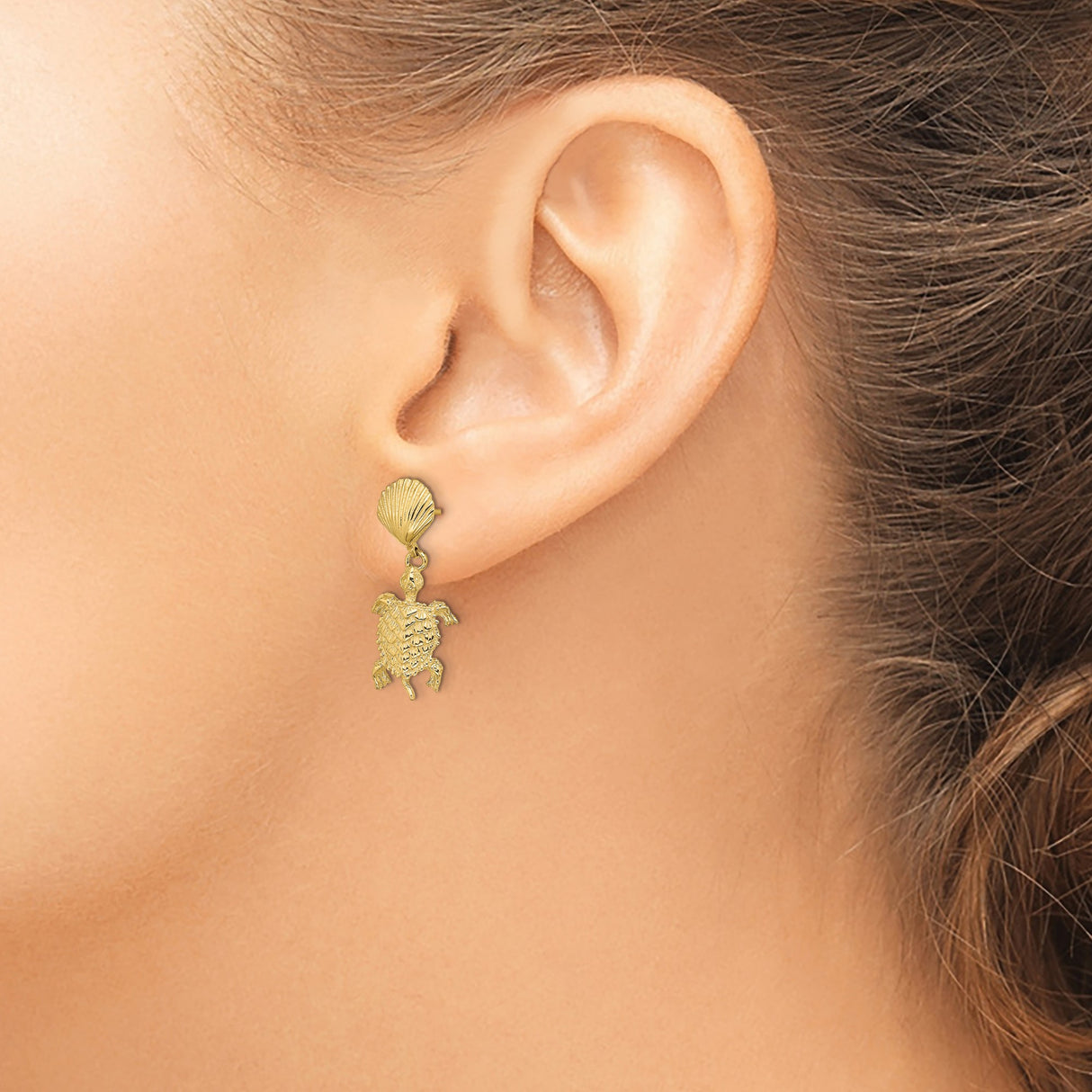 14k Yellow Gold Sea Turtle Dangle Earrings with Shell Studs, Nautical Marine Animal Theme