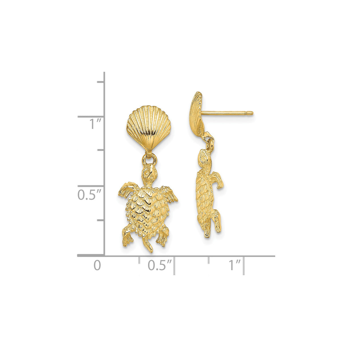 14k Yellow Gold Sea Turtle Dangle Earrings with Shell Studs, Nautical Marine Animal Theme